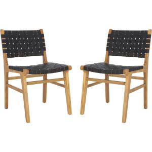 SAFAVIEH Home Collection Taika Black Woven Leather/Light Natural Solid Wood Dining Chair Set of 2 (Fully Assembled)(Black / Natural)