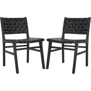 SAFAVIEH Home Collection Taika Black Woven Leather/Light Natural Solid Wood Dining Chair Set of 2 (Fully Assembled)(Black)