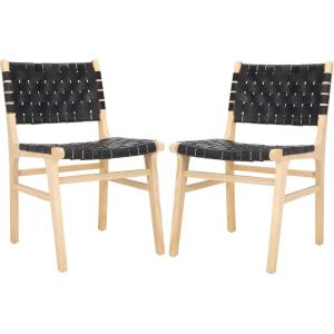 SAFAVIEH Home Collection Taika Black Woven Leather/Light Natural Solid Wood Dining Chair Set of 2 (Fully Assembled)(Black/Light Natural)