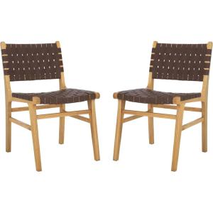 SAFAVIEH Home Collection Taika Black Woven Leather/Light Natural Solid Wood Dining Chair Set of 2 (Fully Assembled)(Cognac / Natural)