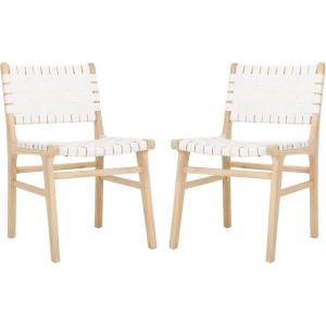 SAFAVIEH Home Collection Taika Black Woven Leather/Light Natural Solid Wood Dining Chair Set of 2 (Fully Assembled)(White/Light Natural)