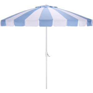 SAFAVIEH Outdoor – Buti 9 FT Patio Umbrella – Crank Lift, Aluminum Frame with White Pole, Weather Resistant for Deck, Backyard, Garden (PAT8027)(Baby Blue Stripe/White)