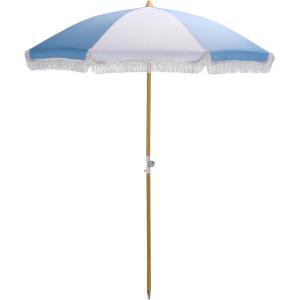 SAFAVIEH Outdoor – Gallo 6.5 FT Beach Umbrella – Canopy with White Fringe Trim, Tilt Function, Aluminum Pole, Weather Resistant for Beach, Patio, Garden (PAT8505)(Baby Blue Stripe)