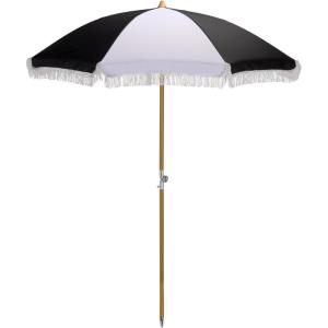 SAFAVIEH Outdoor – Gallo 6.5 FT Beach Umbrella – Canopy with White Fringe Trim, Tilt Function, Aluminum Pole, Weather Resistant for Beach, Patio, Garden (PAT8505)(Black Stripe)