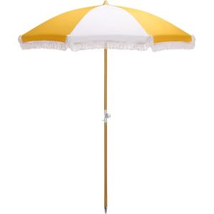 SAFAVIEH Outdoor – Gallo 6.5 FT Beach Umbrella – Canopy with White Fringe Trim, Tilt Function, Aluminum Pole, Weather Resistant for Beach, Patio, Garden (PAT8505)(Yellow Stripe)