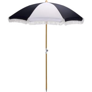 SAFAVIEH Outdoor – Gallo 6.5 FT Beach Umbrella – Canopy with White Fringe Trim, Tilt Function, Aluminum Pole, Weather Resistant for Beach, Patio, Garden (PAT8505)(Navy Striped)