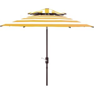 SAFAVIEH Outdoor – Iris 9 FT Double Top Patio Umbrella – Yellow Stripe, Crank Lift, Aluminum Frame with Brown Pole, Weather Resistant for Deck, Backyard, Garden (PAT8204Y)