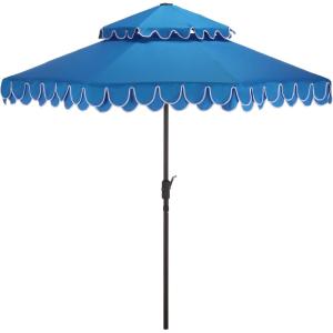 SAFAVIEH Outdoor – Valance 9 FT Double Top Patio Umbrella – Pacific Blue & White Trim, Crank Lift, Aluminum Frame with Brown Pole, Weather Resistant for Deck, Backyard, Garden (PAT8206P)