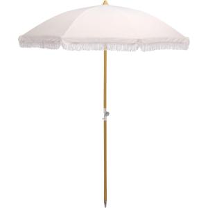 SAFAVIEH Outdoor – Valencia 6.5 FT Beach Umbrella – Canopy with White Fringe Trim, Tilt Function, Aluminum Pole, Weather Resistant for Beach, Patio, Garden (PAT8503)(Ivory)