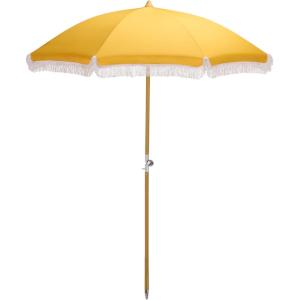 SAFAVIEH Outdoor – Valencia 6.5 FT Beach Umbrella – Canopy with White Fringe Trim, Tilt Function, Aluminum Pole, Weather Resistant for Beach, Patio, Garden (PAT8503)(Yellow)