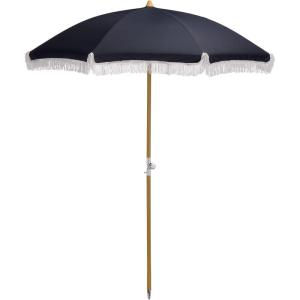 SAFAVIEH Outdoor – Valencia 6.5 FT Beach Umbrella – Canopy with White Fringe Trim, Tilt Function, Aluminum Pole, Weather Resistant for Beach, Patio, Garden (PAT8503)(Navy)