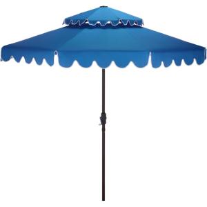 SAFAVIEH Outdoor – Venice 9 FT Double Top Patio Umbrella – Pacific Blue & White Trim, Crank Lift, Aluminum Frame with Brown Pole, Weather Resistant for Deck, Backyard, Garden (PAT8210P)