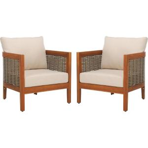 SAFAVIEH Outdoor Collection Amanda Natural Acacia Solid Wood/Taupe Cushion Arm Chair Set of 2(Natural/Taupe)