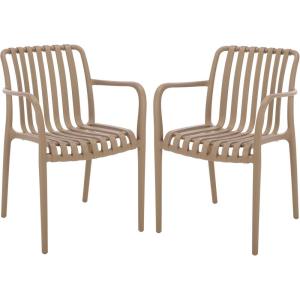SAFAVIEH Outdoor Patio Furniture Collection – Holly Green Stacking Dining Armchair Set of 2, Fully Assembled Outdoor Chairs, Modern Slatted Design, Weather-Resistant Patio Seating (PAT4702D-SET2)(Beige)