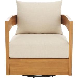 SAFAVIEH Outdoor Patio Furniture Collection – Kento Natural Wood Swivel Chair with Taupe Cushions (PAT7099A)(Natural/Taupe)