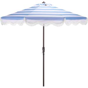 SAFAVIEH Outdoor Patio Furniture Collection – Lucerna 9 Ft Crank Patio Umbrella, Yellow Stripe & Brown Pole, Market Umbrella with Crank Lift (PAT8015Y)(Baby Blue Striped)