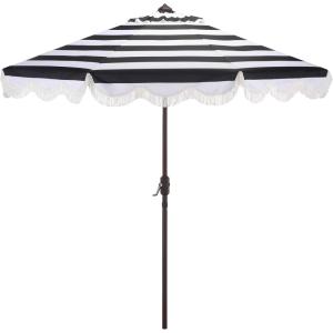 SAFAVIEH Outdoor Patio Furniture Collection – Lucerna 9 Ft Crank Patio Umbrella, Yellow Stripe & Brown Pole, Market Umbrella with Crank Lift (PAT8015Y)(Black Striped)