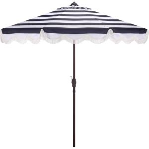 SAFAVIEH Outdoor Patio Furniture Collection – Lucerna 9 Ft Crank Patio Umbrella, Yellow Stripe & Brown Pole, Market Umbrella with Crank Lift (PAT8015Y)(Navy Striped)