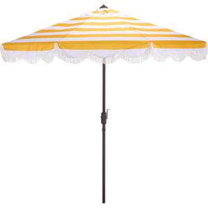 SAFAVIEH Outdoor Patio Furniture Collection – Lucerna 9 Ft Crank Patio Umbrella, Yellow Stripe & Brown Pole, Market Umbrella with Crank Lift (PAT8015Y)(Yellow Striped)