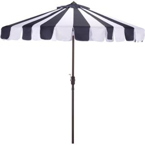 SAFAVIEH Outdoor Patio Furniture Collection – Meze 9 Ft Navy Stripe & Brown Crank Umbrella, Market-Style Patio Umbrella with Aluminum Pole, Outdoor Shade Accent (PAT8013B)(Navy Striped)