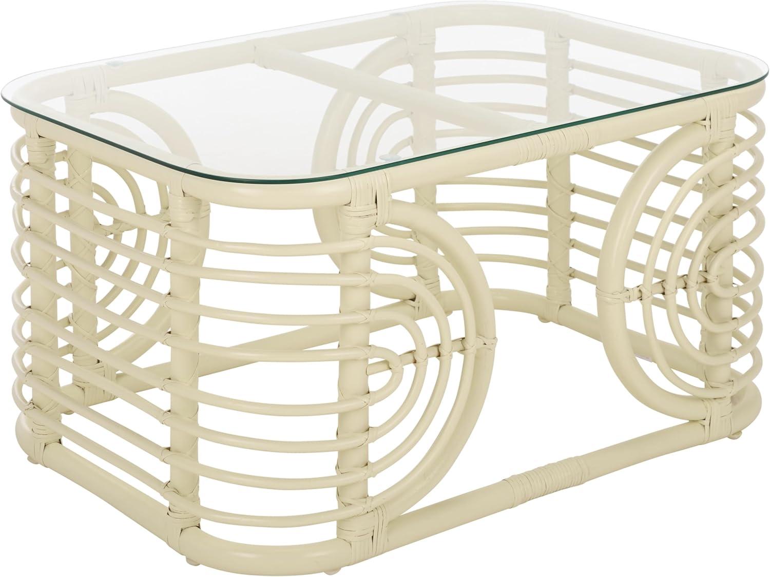 image:imageSAFAVIEH Furniture Lidiya Coffee Table White Rattan with Glass Top Boho Coastal Living Room Accent Table Fully Assembled 307 W x 228 D x 159 H COF9900AWhiteGlass