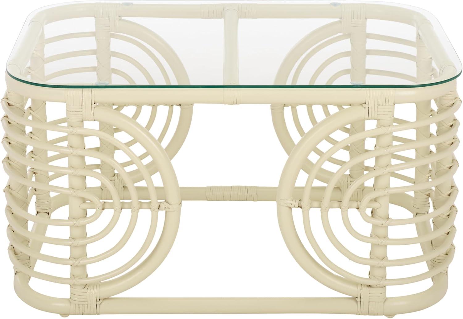 image:imageSAFAVIEH Furniture Lidiya Coffee Table White Rattan with Glass Top Boho Coastal Living Room Accent Table Fully Assembled 307 W x 228 D x 159 H COF9900AWhiteGlass