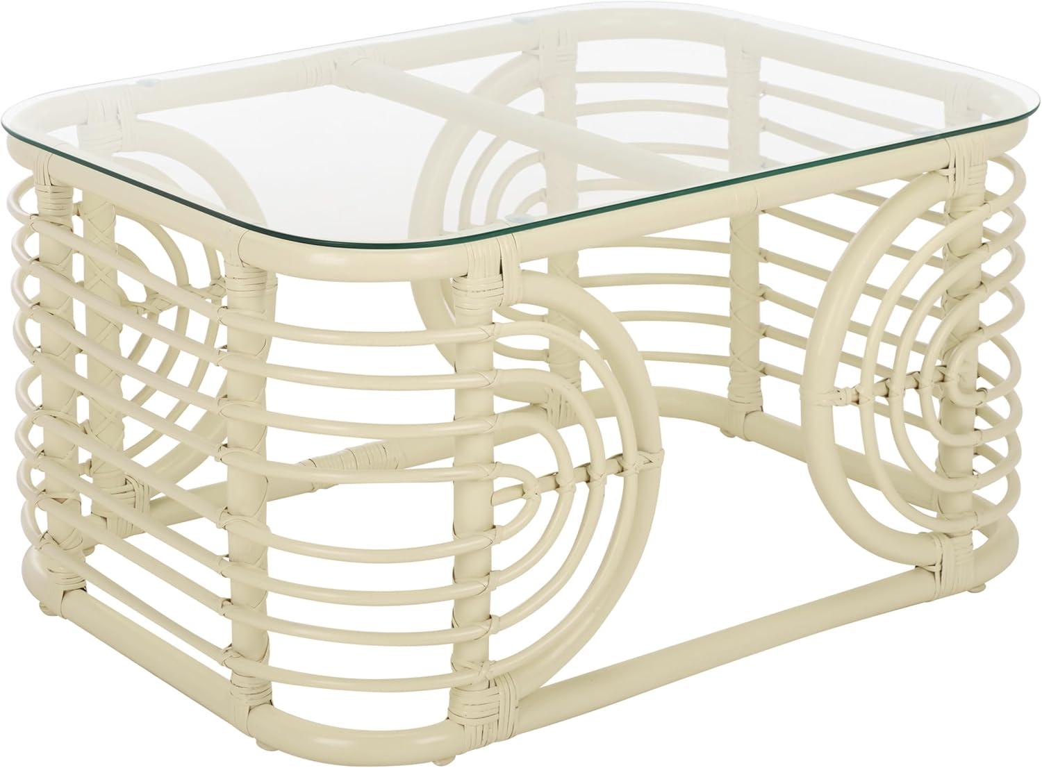 image:imageSAFAVIEH Furniture Lidiya Coffee Table White Rattan with Glass Top Boho Coastal Living Room Accent Table Fully Assembled 307 W x 228 D x 159 H COF9900AWhiteGlass