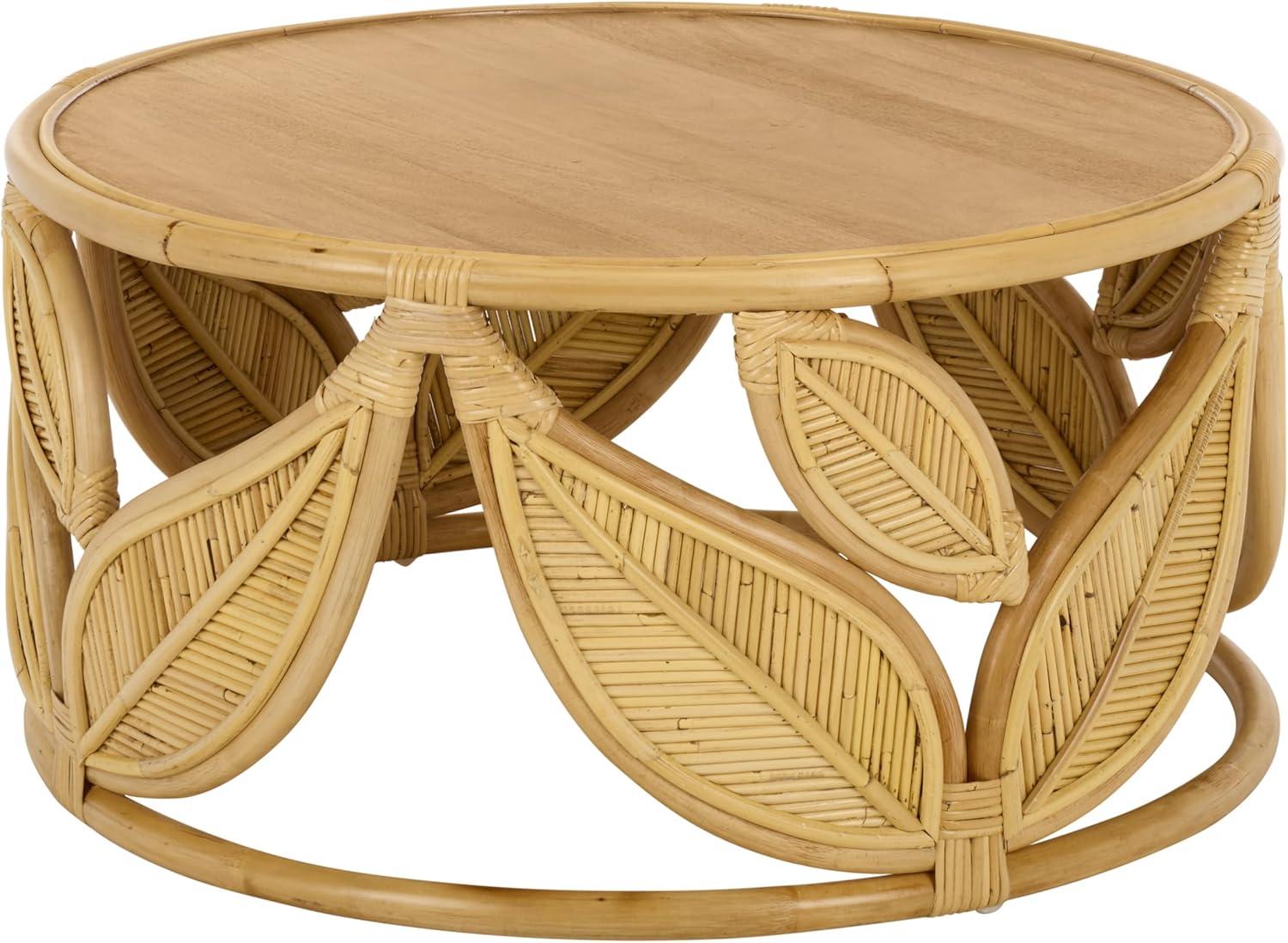 image:imageSAFAVIEH Furniture Lusine Round Coffee Table Honey Brown Wash amp Solid Wood with Leaf Design Boho Living Room Accent Table 311 W x 311 D x 16 H COF6520BNatural