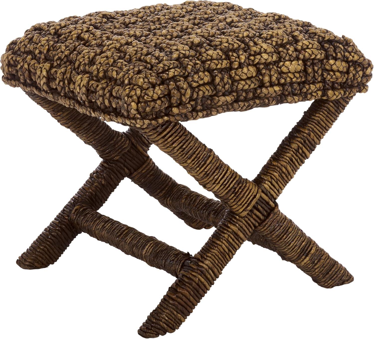 image:imageSAFAVIEH Furniture Trishan Woven Accent Stool Brown Mahogany Solid Wood Frame XBase Design Fully Assembled Ideal for Living Room Bedroom 185 W x 205 D x 193 H SEA7045BBrown