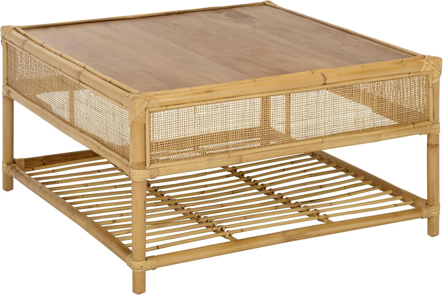 image:imageSAFAVIEH Furniture Webber Square Coffee Table Natural Solid Wood with Rattan Shelf Storage Boho Living Room Table 315 W x 315 D x 177 H COF6519ANatural