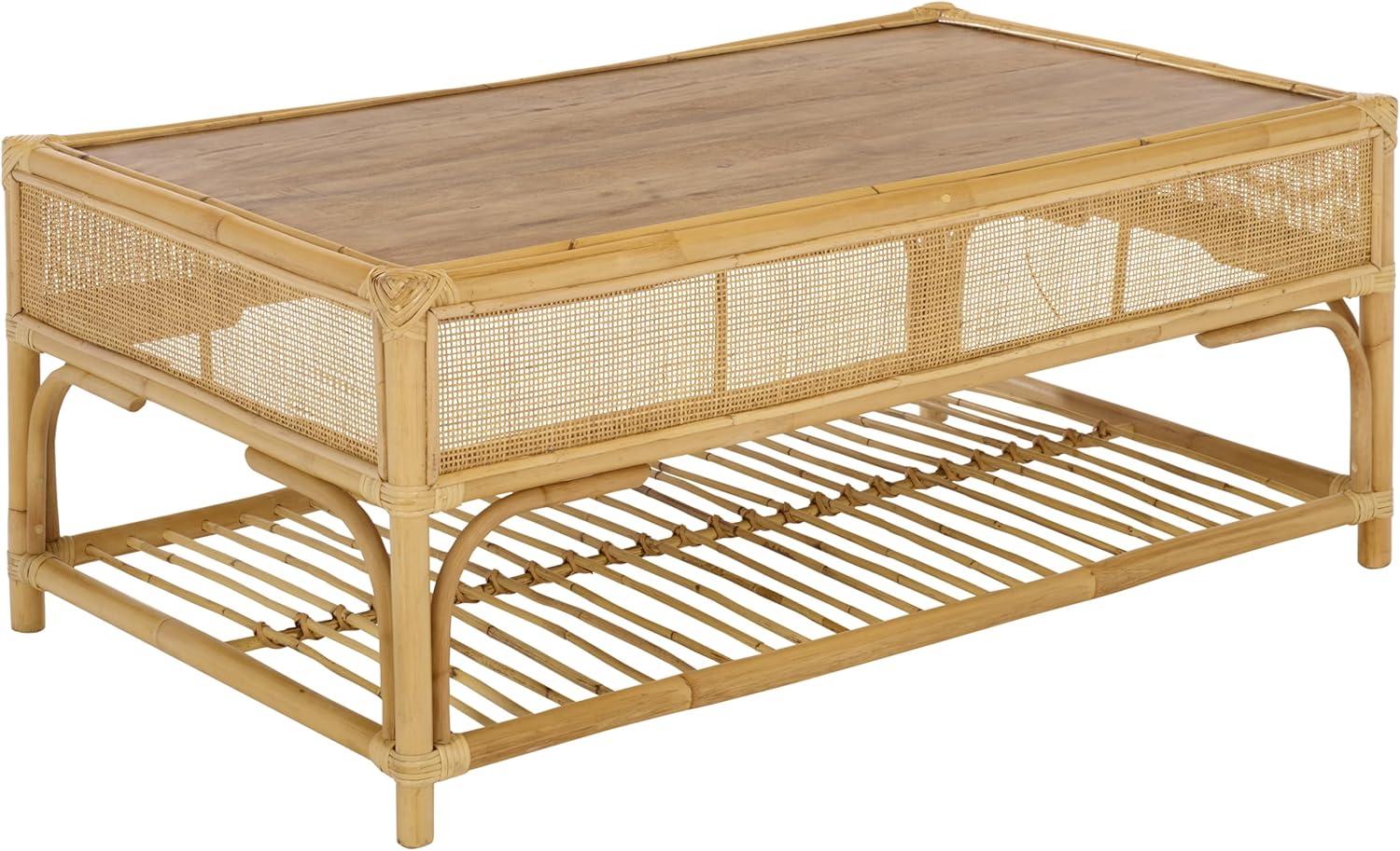 image:imageSAFAVIEH Furniture Webster Rectangle Coffee Table Natural Solid Wood with Rattan Shelf Storage Boho Living Room Table 433 W x 256 D x 177 H COF6518ANatural