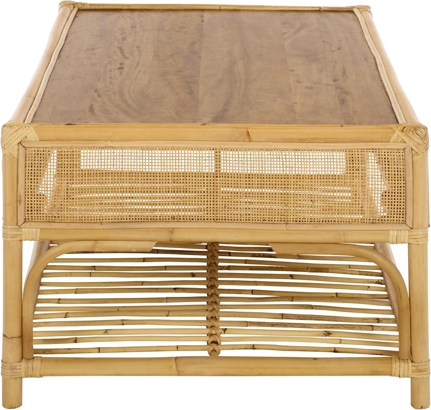 image:imageSAFAVIEH Furniture Webster Rectangle Coffee Table Natural Solid Wood with Rattan Shelf Storage Boho Living Room Table 433 W x 256 D x 177 H COF6518ANatural