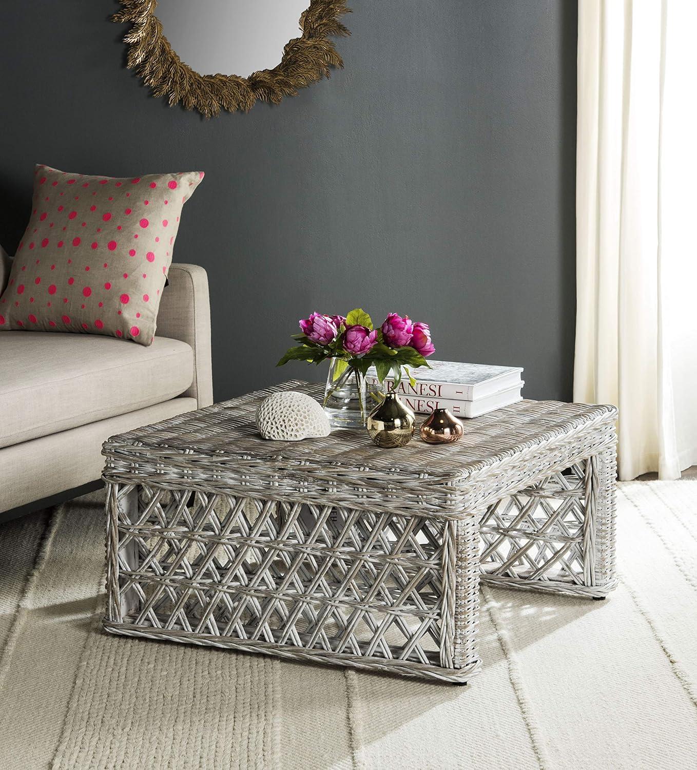 image:imageSAFAVIEH Home Collection Hila White Wash Wicker Coffee Table