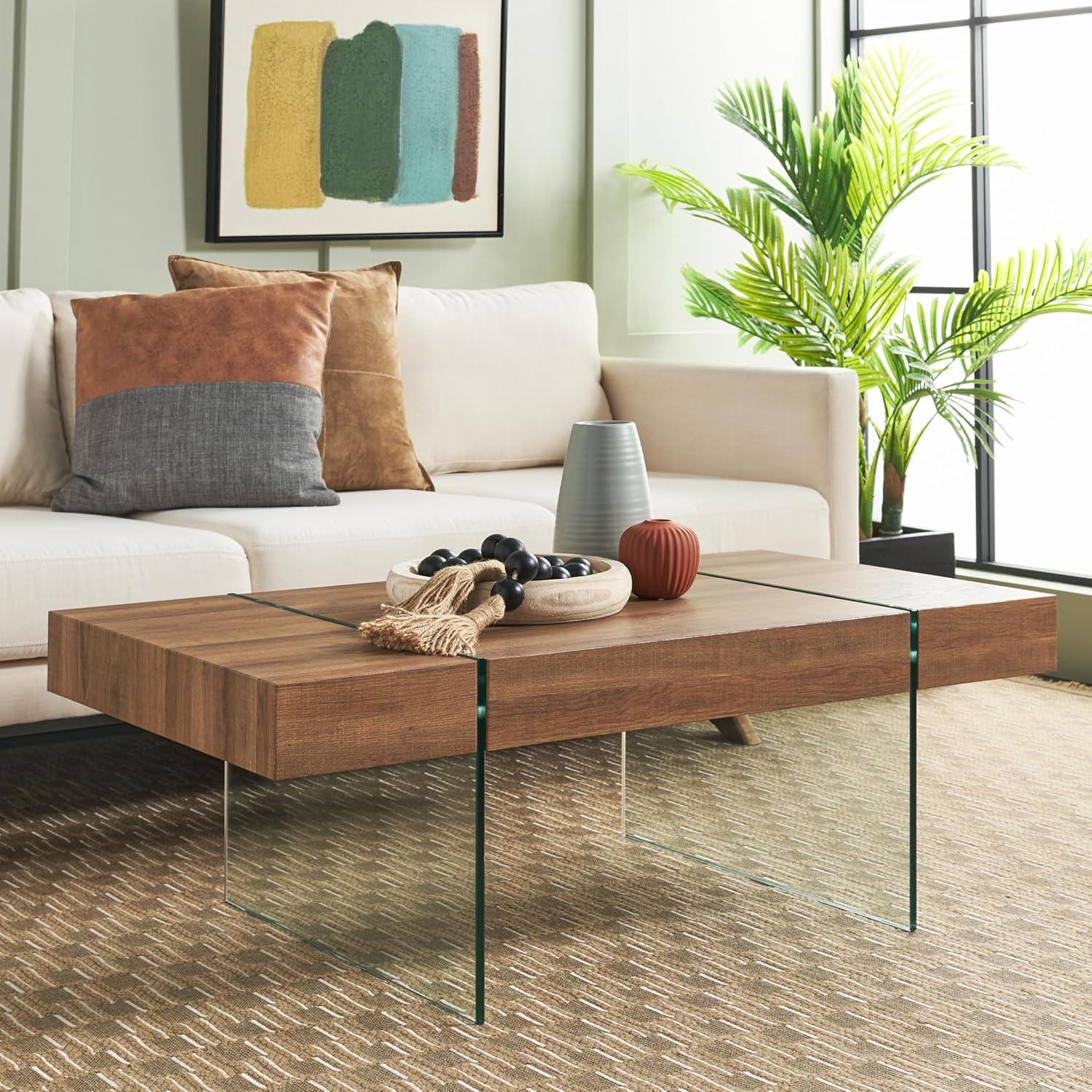 image:imageSAFAVIEH Home Collection Jacob WhiteClear Glass Legs Rectangle Coffee TableBrownClear