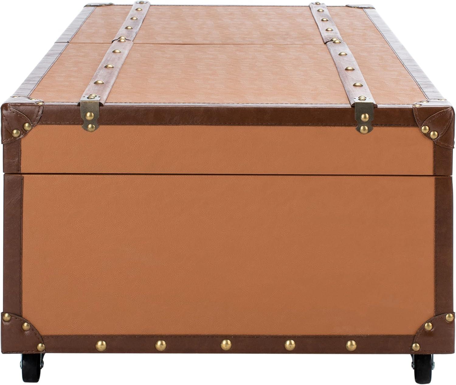 image:imageSAFAVIEH Home Collection Zoe Cognac Brown Faux Leather Storage Trunk Wine Rack Coffee Table with Caster Wheels Fully Assembled