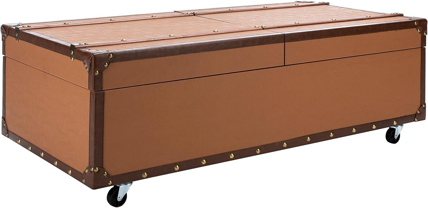 image:imageSAFAVIEH Home Collection Zoe Cognac Brown Faux Leather Storage Trunk Wine Rack Coffee Table with Caster Wheels Fully Assembled