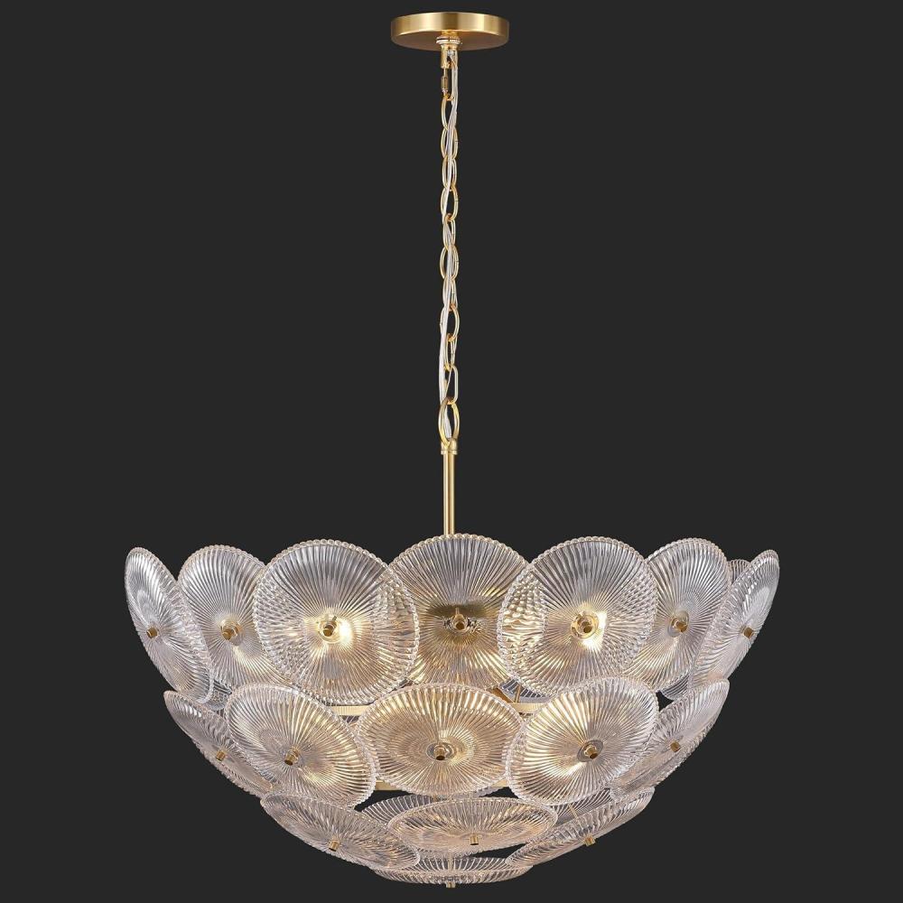 image:imageSAFAVIEH Couture Alberta 9Light Chandelier Light Fixture Clear amp Gold Dimmable LED Chandelier with Glass Shades and Adjustable Chain Modern Ceiling Light for Dining Room Foyer CTL1117AClearGold