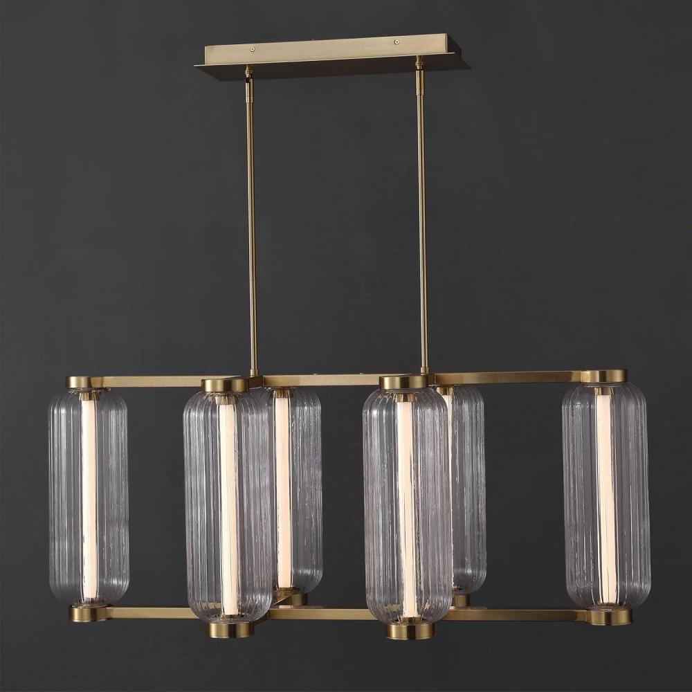 image:imageSAFAVIEH Couture Cyndy Rectangular Chandelier Light Fixture Gold amp Clear Dimmable LED Linear Chandelier with Glass Panels and Adjustable Height for Dining Room Kitchen Island CTL1119AGoldClear