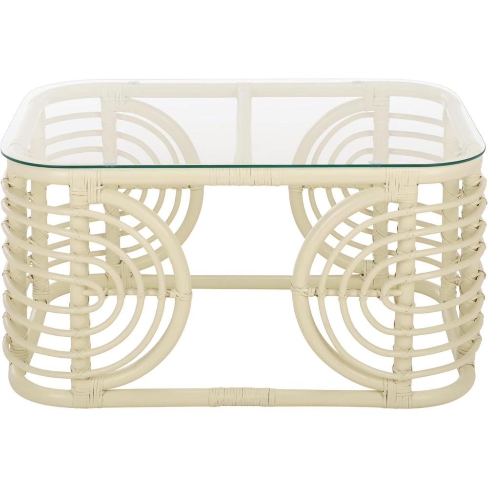 image:imageSAFAVIEH Furniture Lidiya Coffee Table White Rattan with Glass Top Boho Coastal Living Room Accent Table Fully Assembled 307 W x 228 D x 159 H COF9900AWhiteGlass