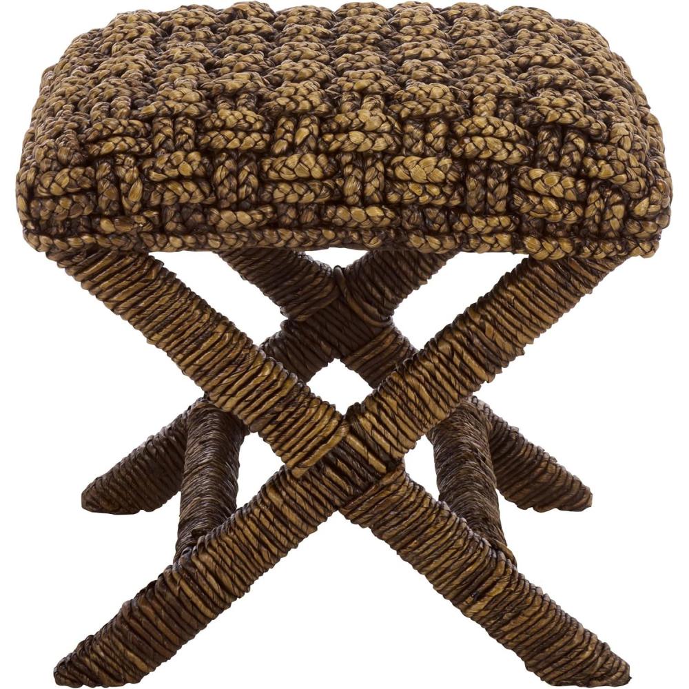 image:imageSAFAVIEH Furniture Trishan Woven Accent Stool Brown Mahogany Solid Wood Frame XBase Design Fully Assembled Ideal for Living Room Bedroom 185 W x 205 D x 193 H SEA7045BBrown