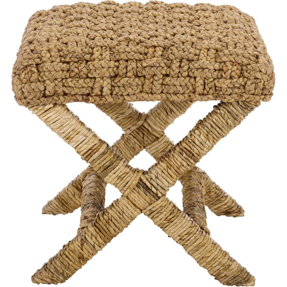 image:imageSAFAVIEH Furniture Trishan Woven Accent Stool Brown Mahogany Solid Wood Frame XBase Design Fully Assembled Ideal for Living Room Bedroom 185 W x 205 D x 193 H SEA7045BNatural