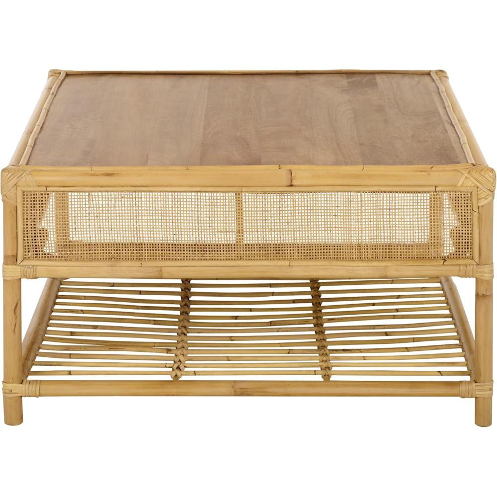 image:imageSAFAVIEH Furniture Webber Square Coffee Table Natural Solid Wood with Rattan Shelf Storage Boho Living Room Table 315 W x 315 D x 177 H COF6519ANatural