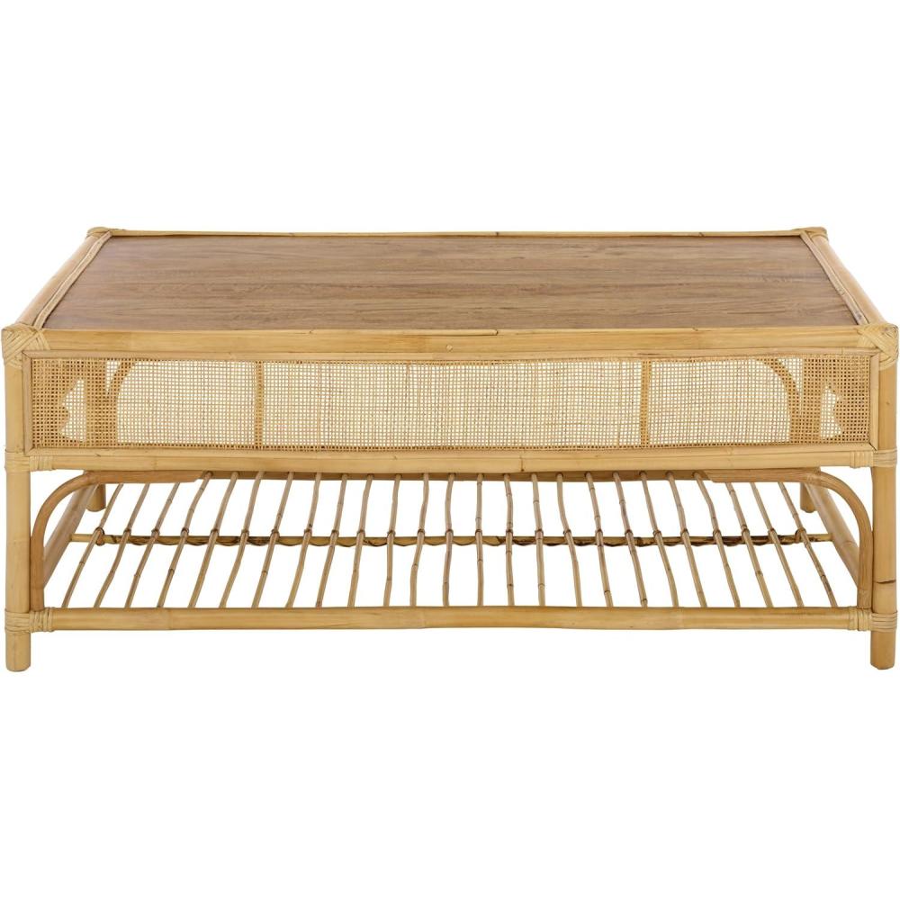 image:imageSAFAVIEH Furniture Webster Rectangle Coffee Table Natural Solid Wood with Rattan Shelf Storage Boho Living Room Table 433 W x 256 D x 177 H COF6518ANatural