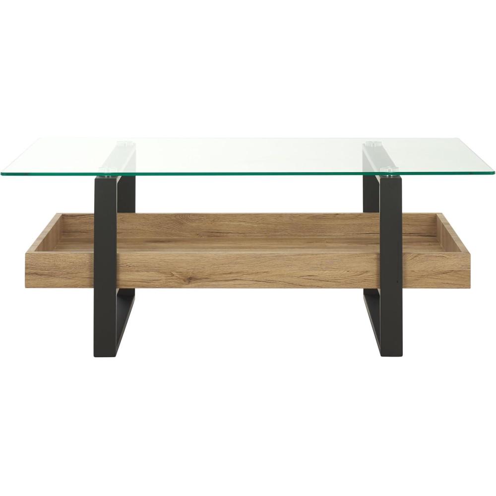 image:imageSAFAVIEH Home Collection Auberon Glass Top Rectangular Coffee Table with Lower Wood Shelf Modern Industrial Design COF7015AGlassNatural