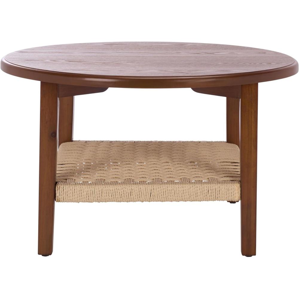 image:imageSAFAVIEH Home Collection Nomand Walnut Round Coffee Table with Ash Veneer Top amp Woven Rope Shelf Modern 1Shelf Living Room Design COF2314AWalnut