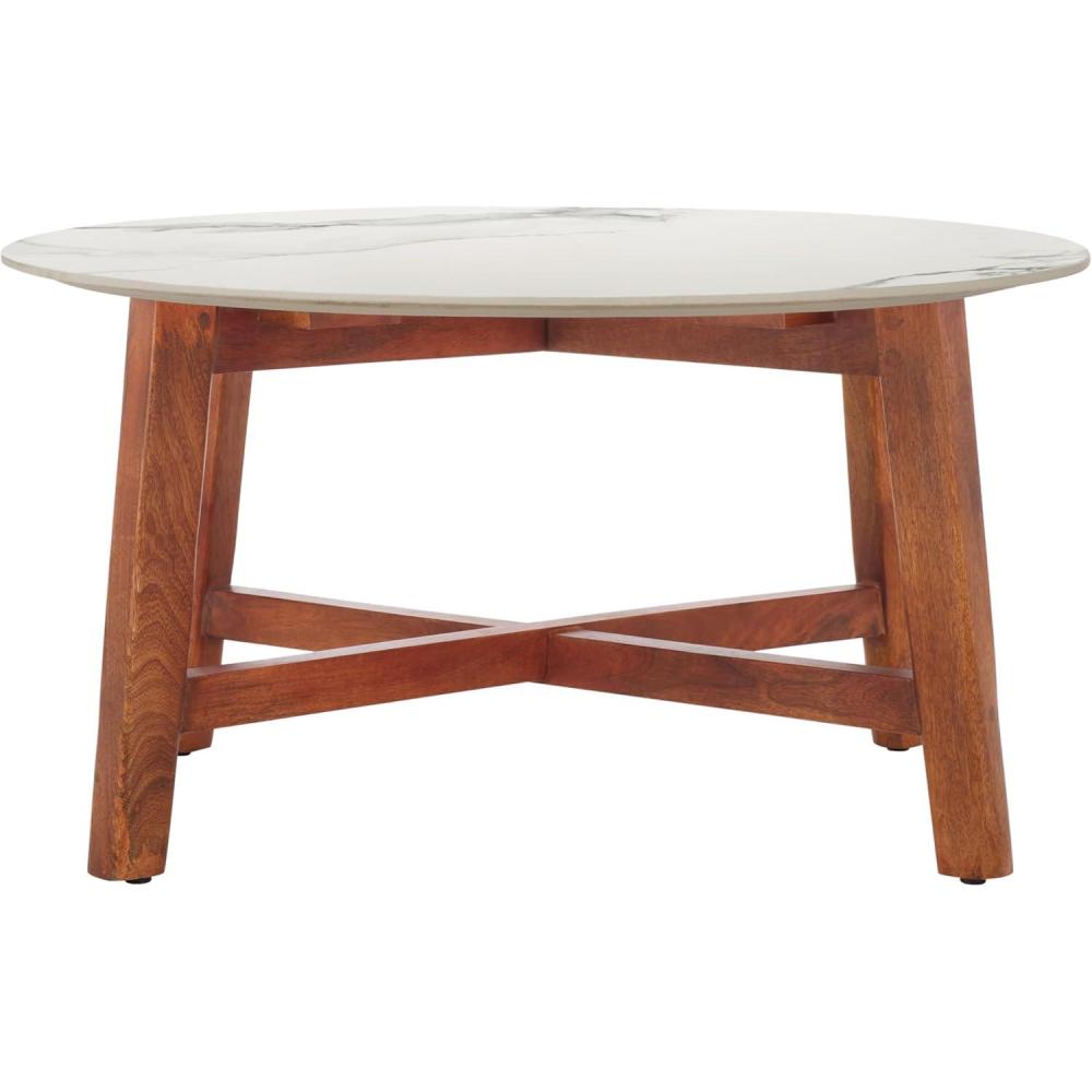 image:imageSAFAVIEH Home Collection Samie Coffee Table Round White Ceramic Faux Marble Top with Walnut Brown Wood Base COF2902AWhite Ceramic Faux Marble