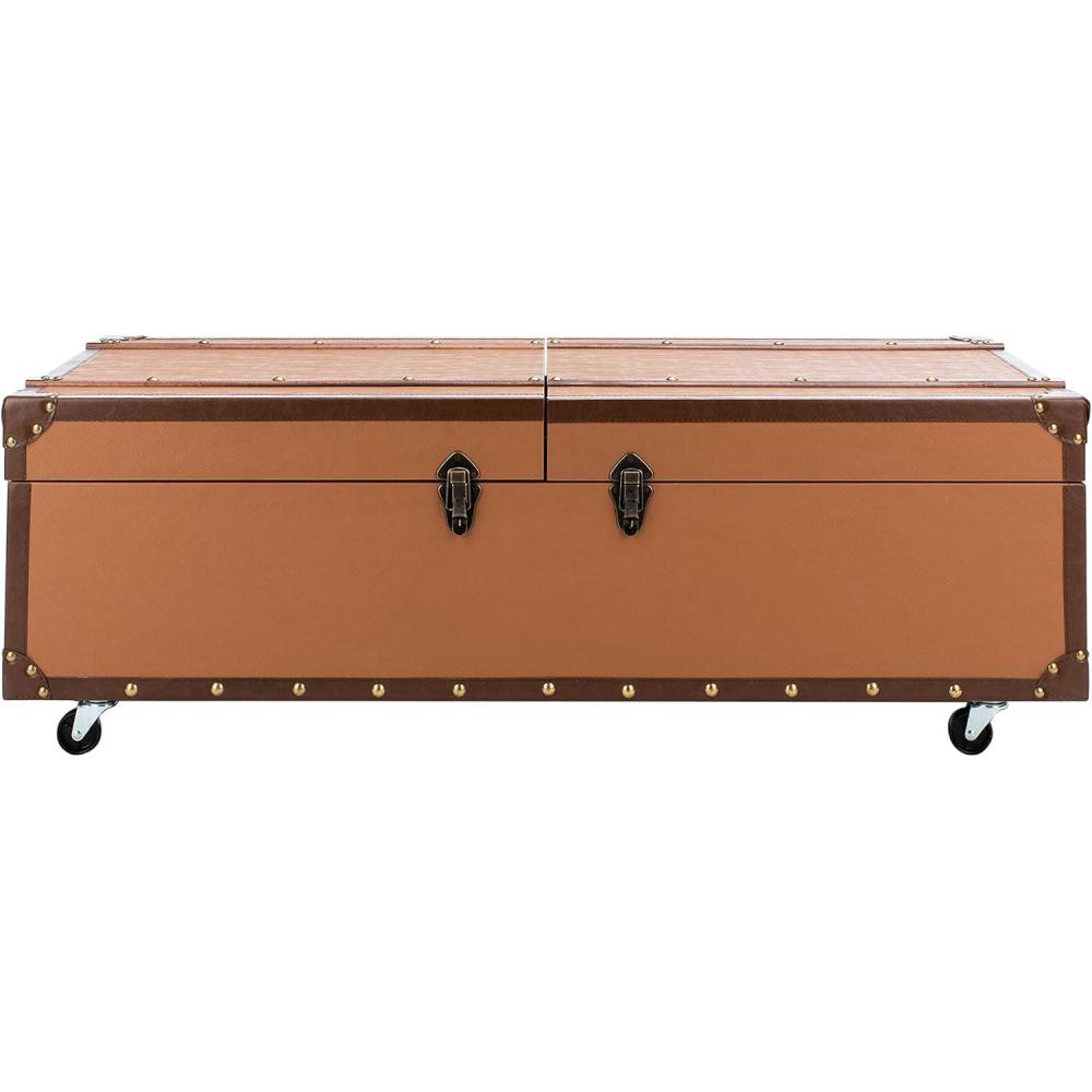 image:imageSAFAVIEH Home Collection Zoe Cognac Brown Faux Leather Storage Trunk Wine Rack Coffee Table with Caster Wheels Fully Assembled