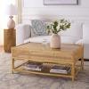 SAFAVIEH Furniture – Webster Rectangle Coffee Table – Natural Solid Wood with Rattan Shelf Storage, Boho Living Room Table, 43.3″ W x 25.6″ D x 17.7″ H (COF6518A)(Natural)