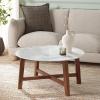 SAFAVIEH Home Collection – Samie Coffee Table, Round White Ceramic Faux Marble Top with Walnut Brown Wood Base (COF2902A)(White Ceramic Faux Marble)