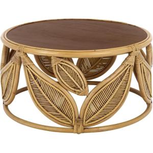 SAFAVIEH Furniture – Lusine Round Coffee Table – Honey Brown Wash & Solid Wood with Leaf Design – Boho Living Room Accent Table, 31.1″ W x 31.1″ D x 16″ H (COF6520B)(Honey Brown Wash)